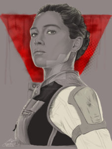 Greyscale drawing of Yelena Belova from 'Black Widow' with red detailing the background.