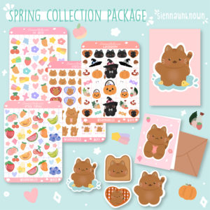 Concept art of SiennaUnknown's 'Spring Collection Package'. The artwork features adorable animals, fruit and Halloween goods.