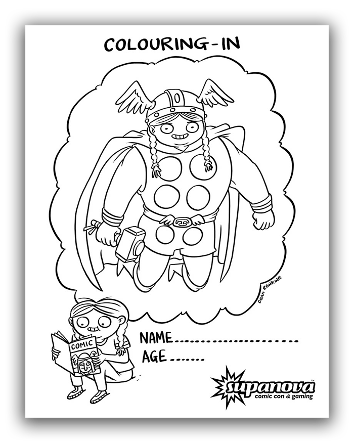 Artwork for the Kids' Colouring-In Gallery by Dean Rankine. A black and white line-art illustration of a child reading a comic book, imagining themselves as a superhero. 