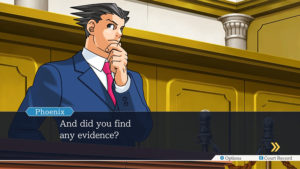 Screencap from the 'Phoenix Wright: Ace Attorney' games. Text reads: "Phoenix: And did you find any evidence?".