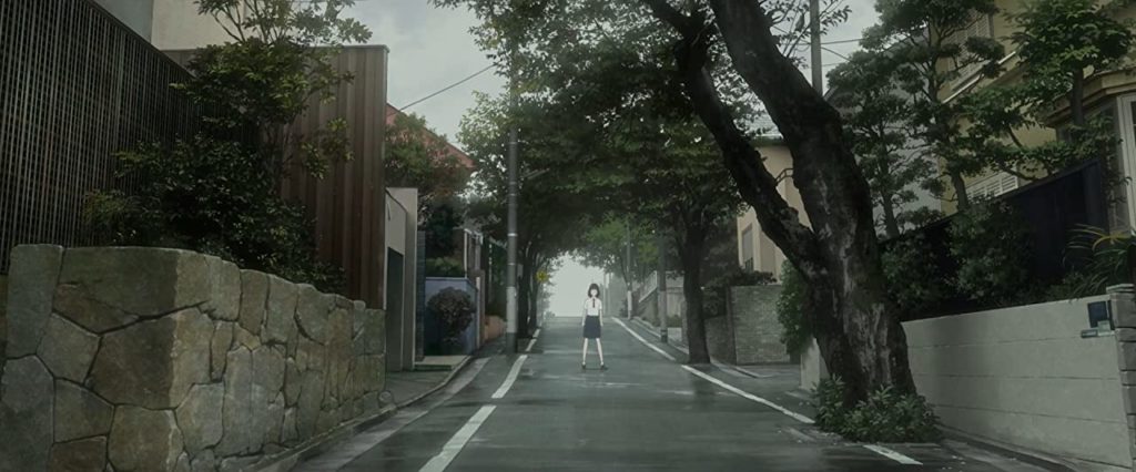 A still image from 'Belle' featuring Suzu on an empty street in the real world.